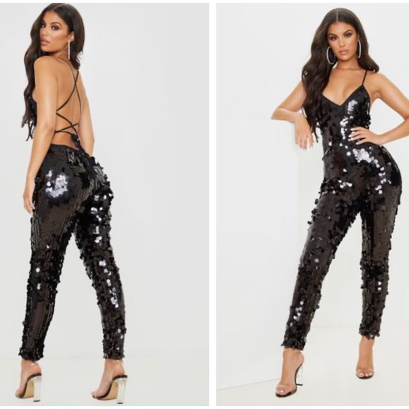 pretty little thing black sequin jumpsuit